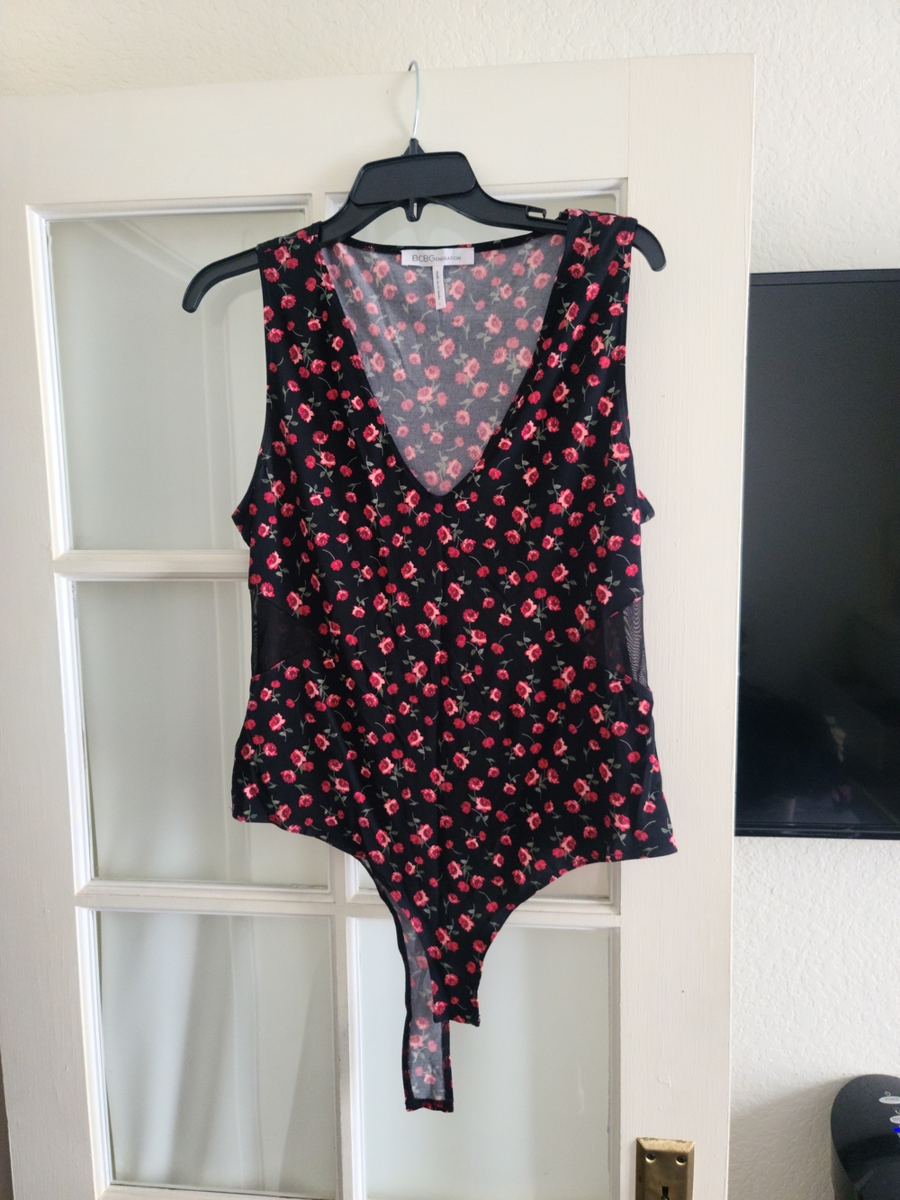 BCBGeneration Black Bodysuit with Pink Floral Print